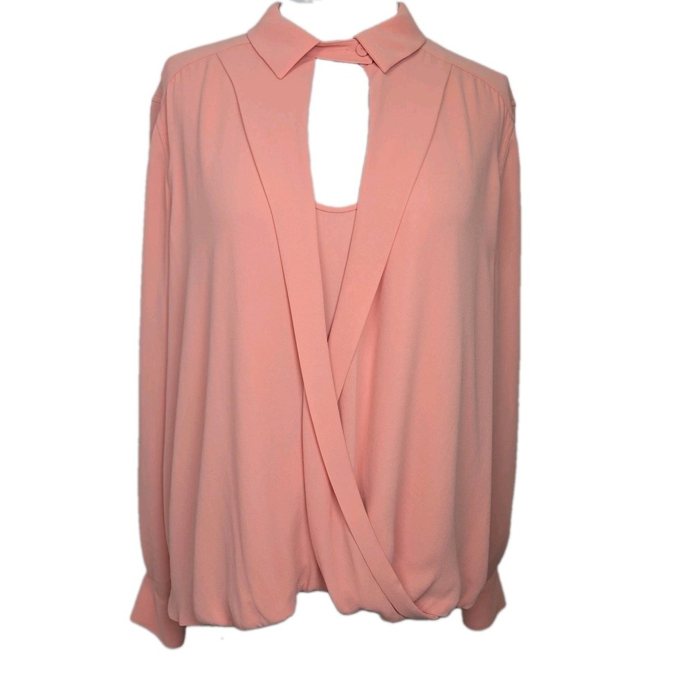 BCBG MAXAZRIA Large Peach Faux-Wrap Tab Sleeve Collared Keyhole‎ Blouse Top L